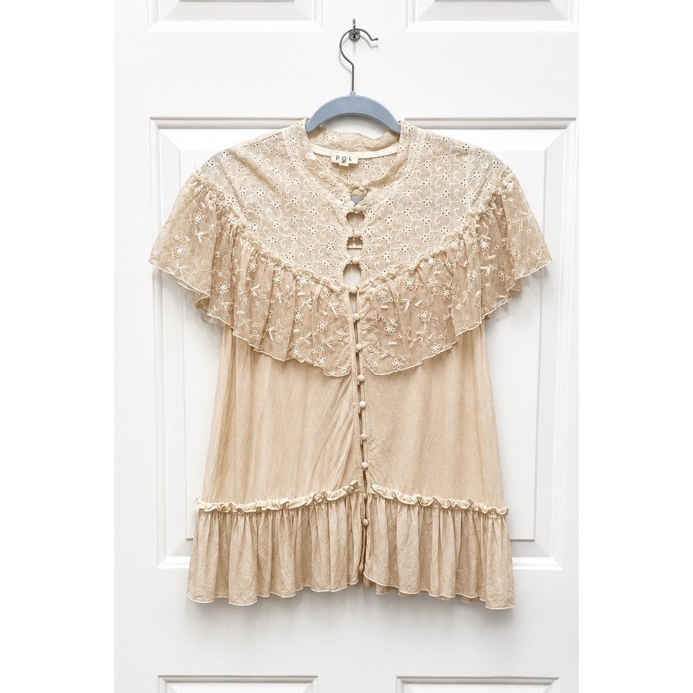 POL Lace Embroidered Boho Blouse Small Cream Short Sleeve Cottagecore Whimsy Top